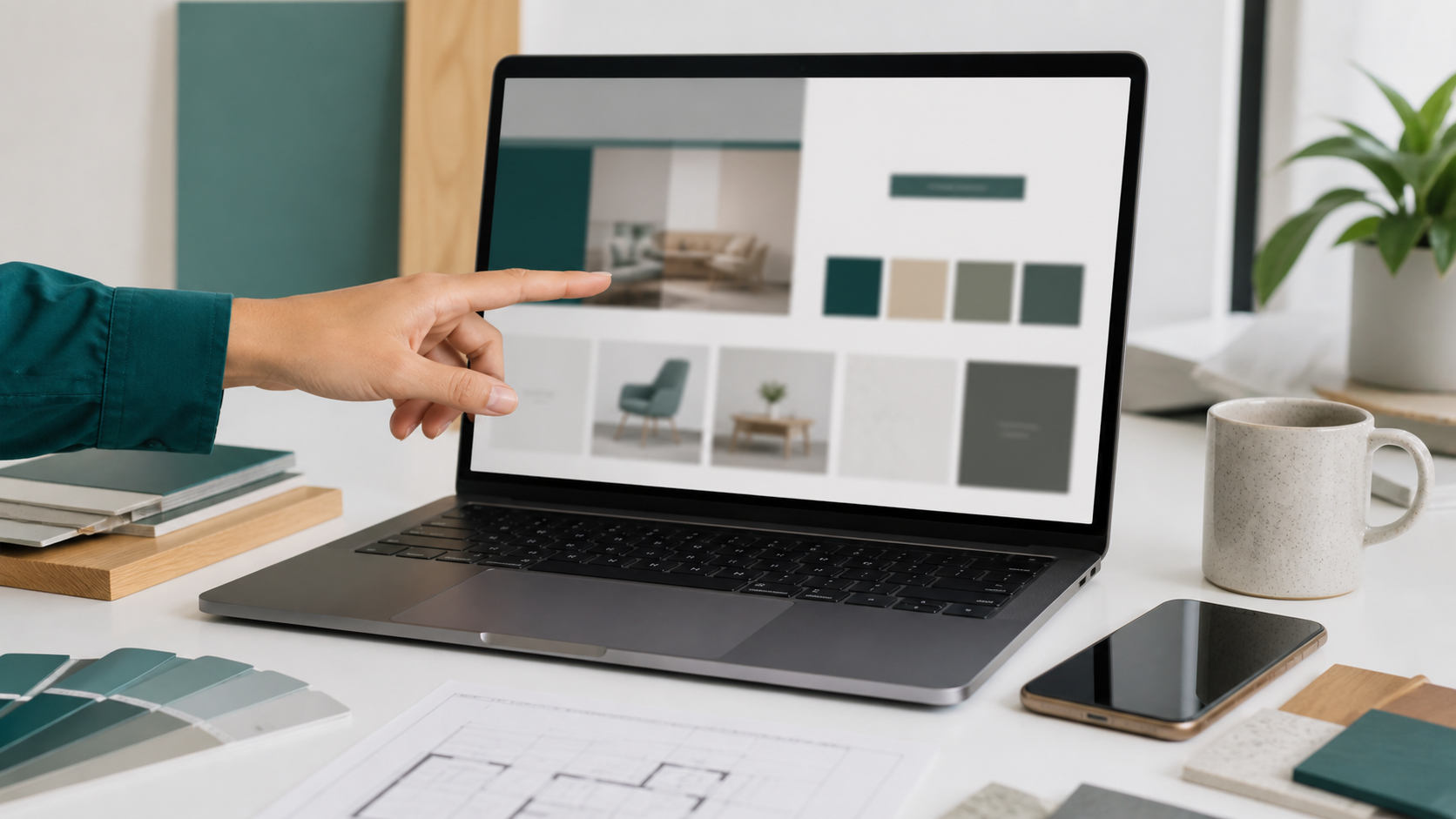 Empresário analisando resultados de marketing em showroom de móveis planejados