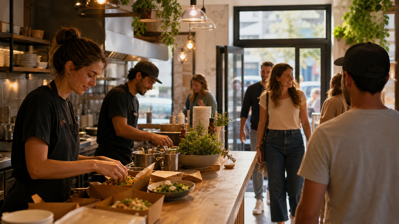 Equipe de pequeno restaurante atendendo clientes no fim de semana
