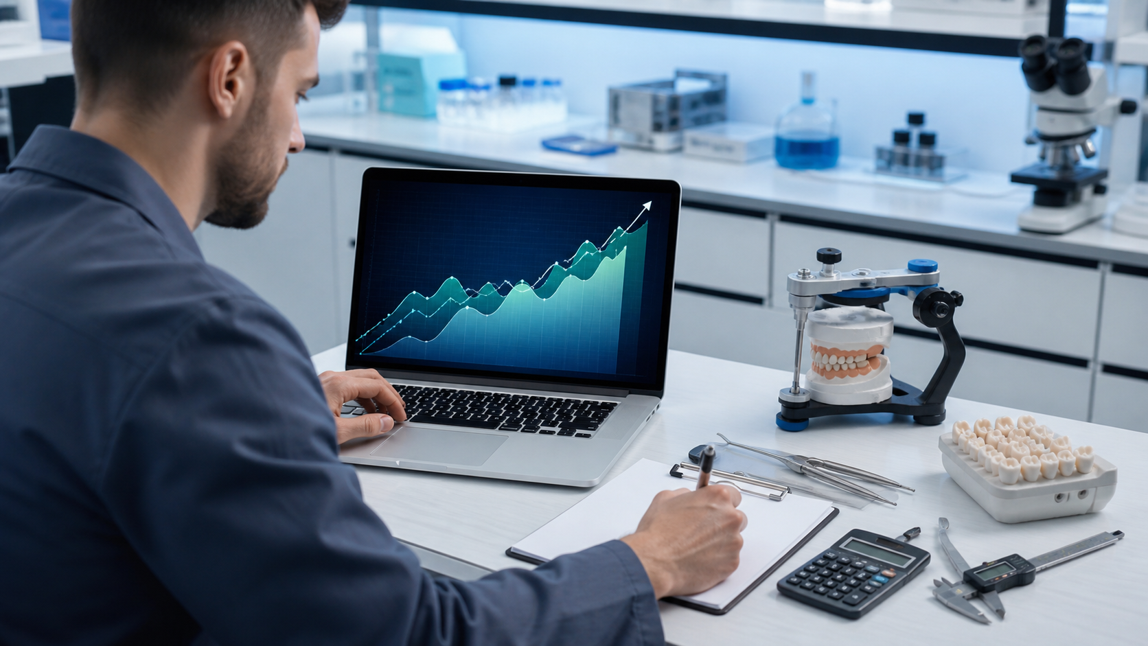 Gestor de laboratório dentário criando anúncios digitais