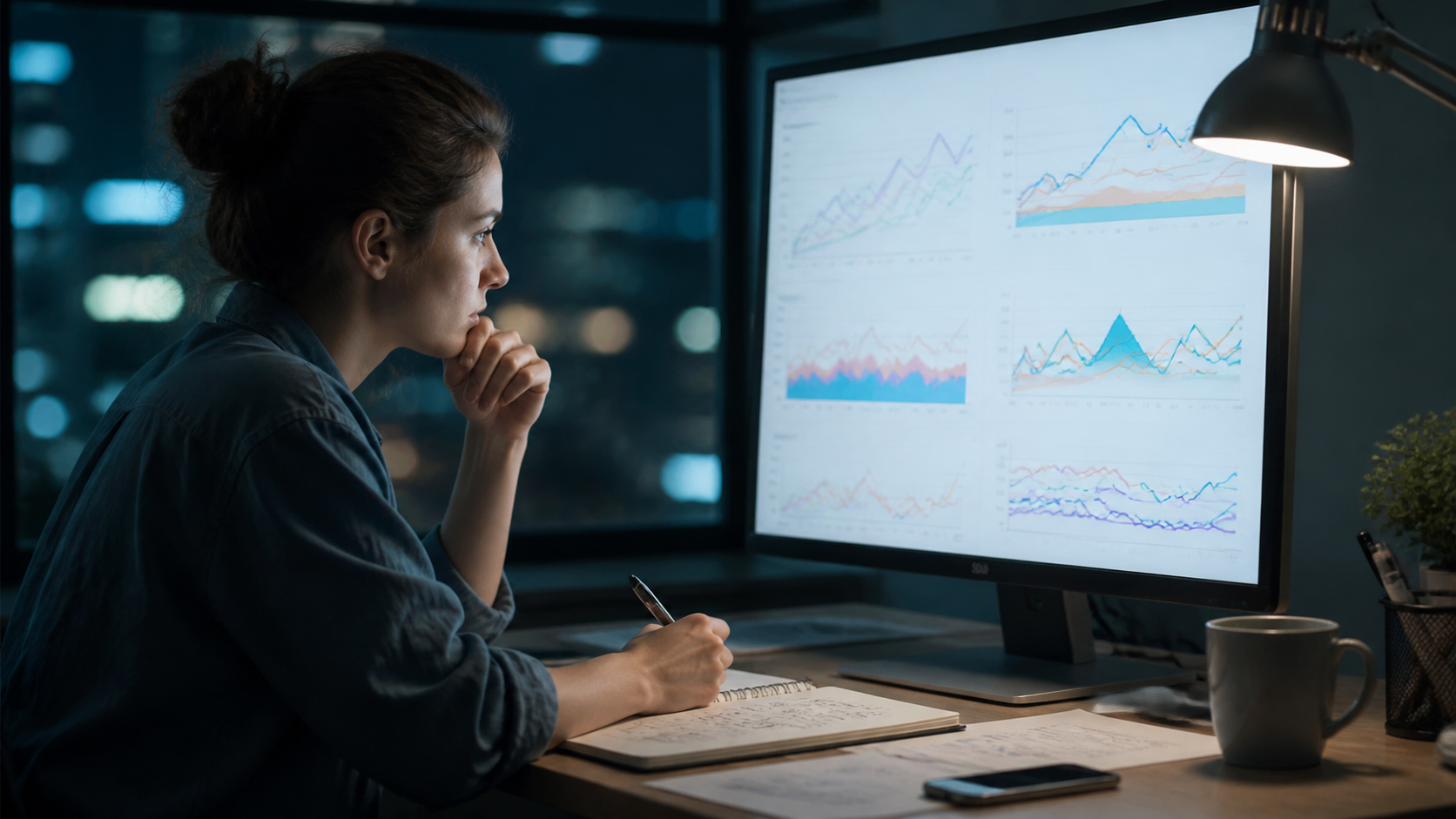 Profissional analisando gráficos de desempenho de anúncios