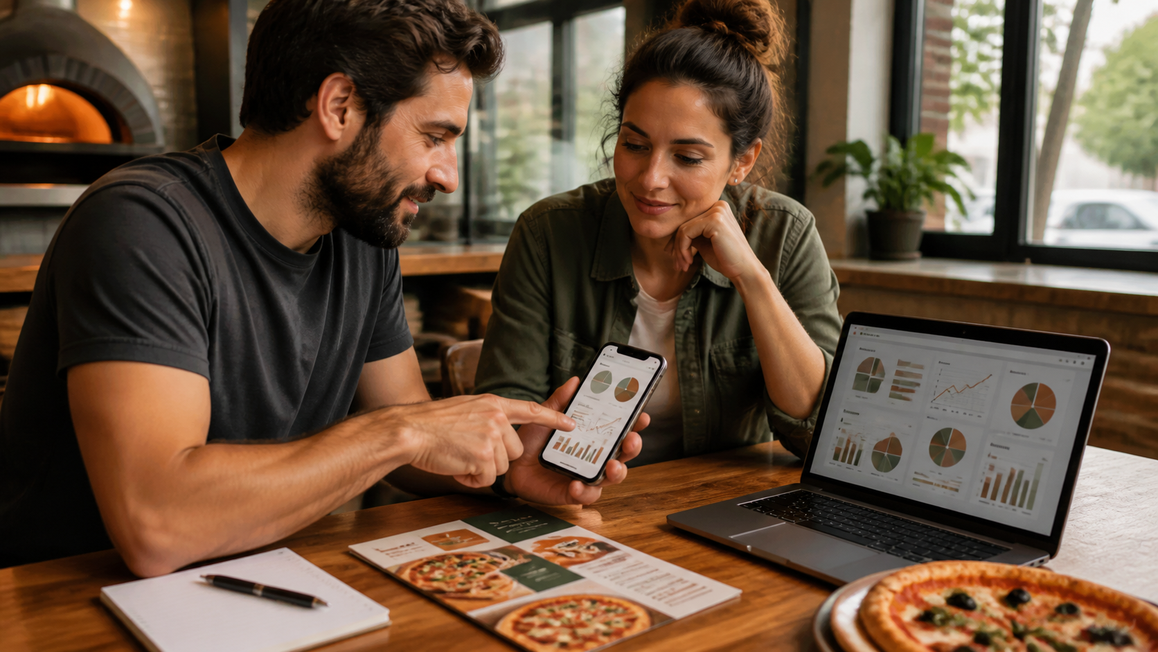 Equipe ajustando campanha de marketing para pizzaria
