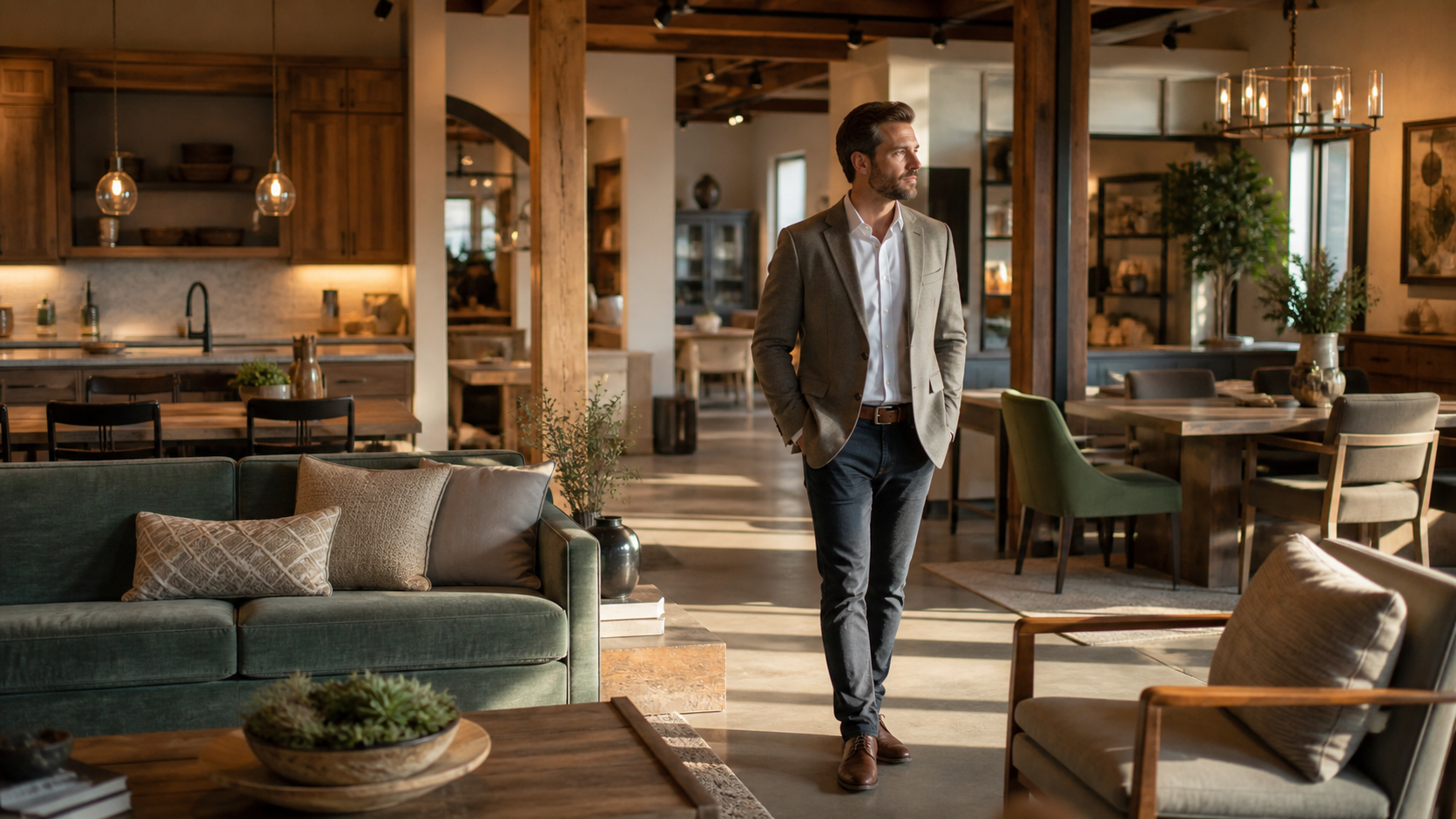 Consultor atendendo lead de móveis planejados em showroom