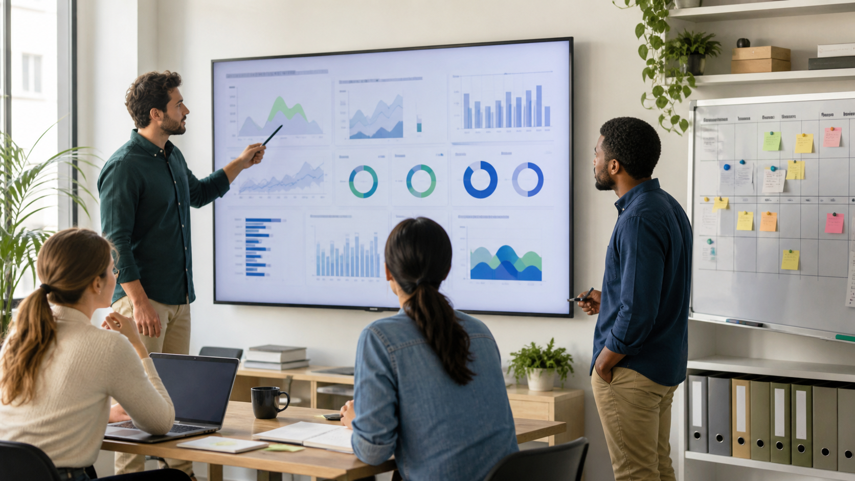 Equipe analisando resultados e rotina de crescimento sustentável