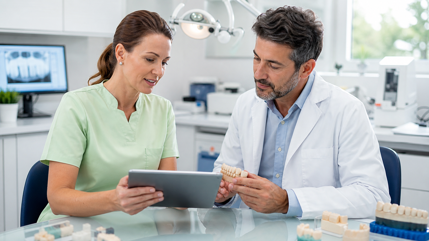 Equipe de laboratório dentário planejando os próximos 30 dias