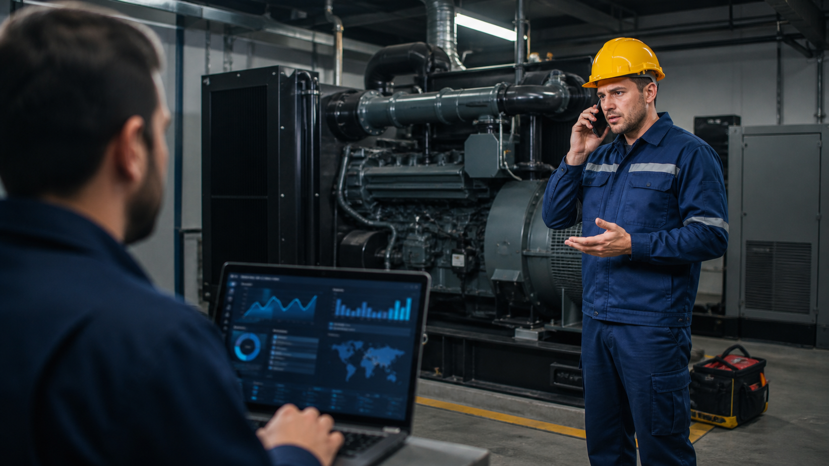 gerador industrial em uma instalação comercial, com equipe planejando divulgação do serviço