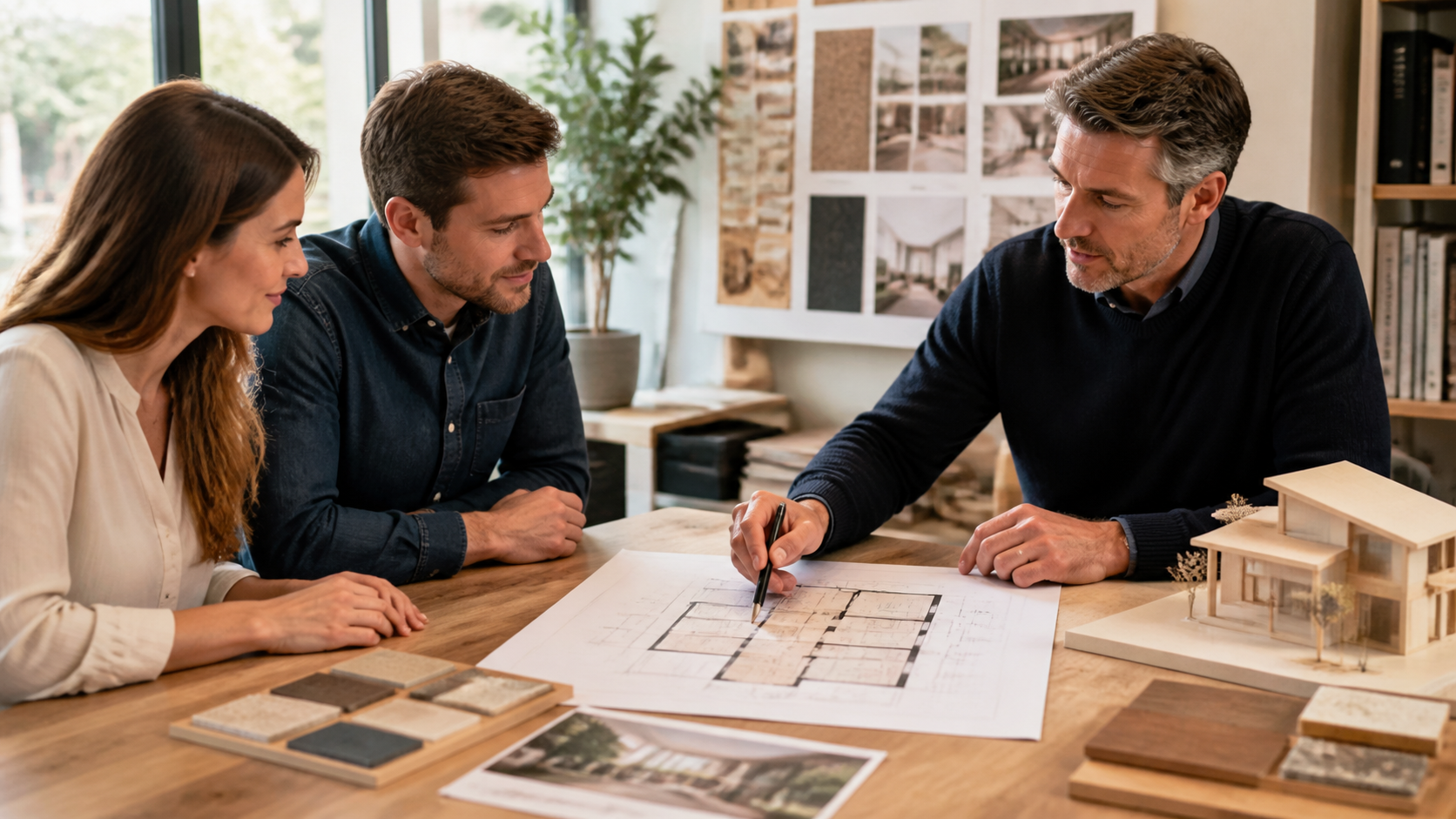 Reunião entre arquiteto e clientes analisando uma planta