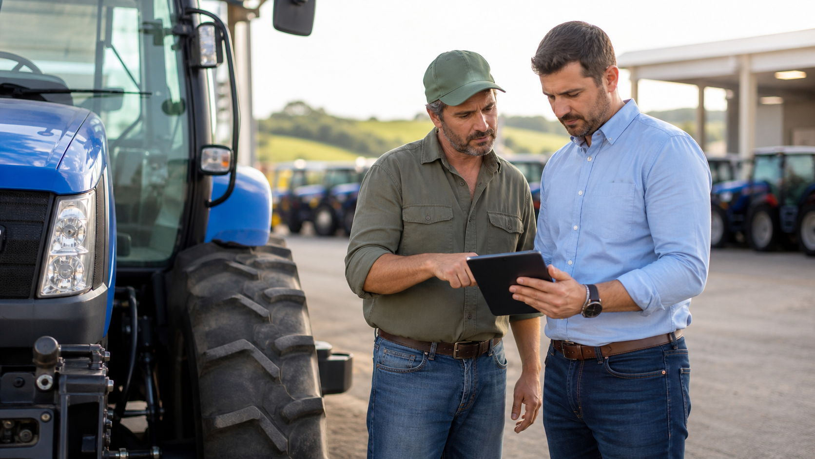 Produtor conversa com consultor ao lado de um trator em uma revenda agrícola