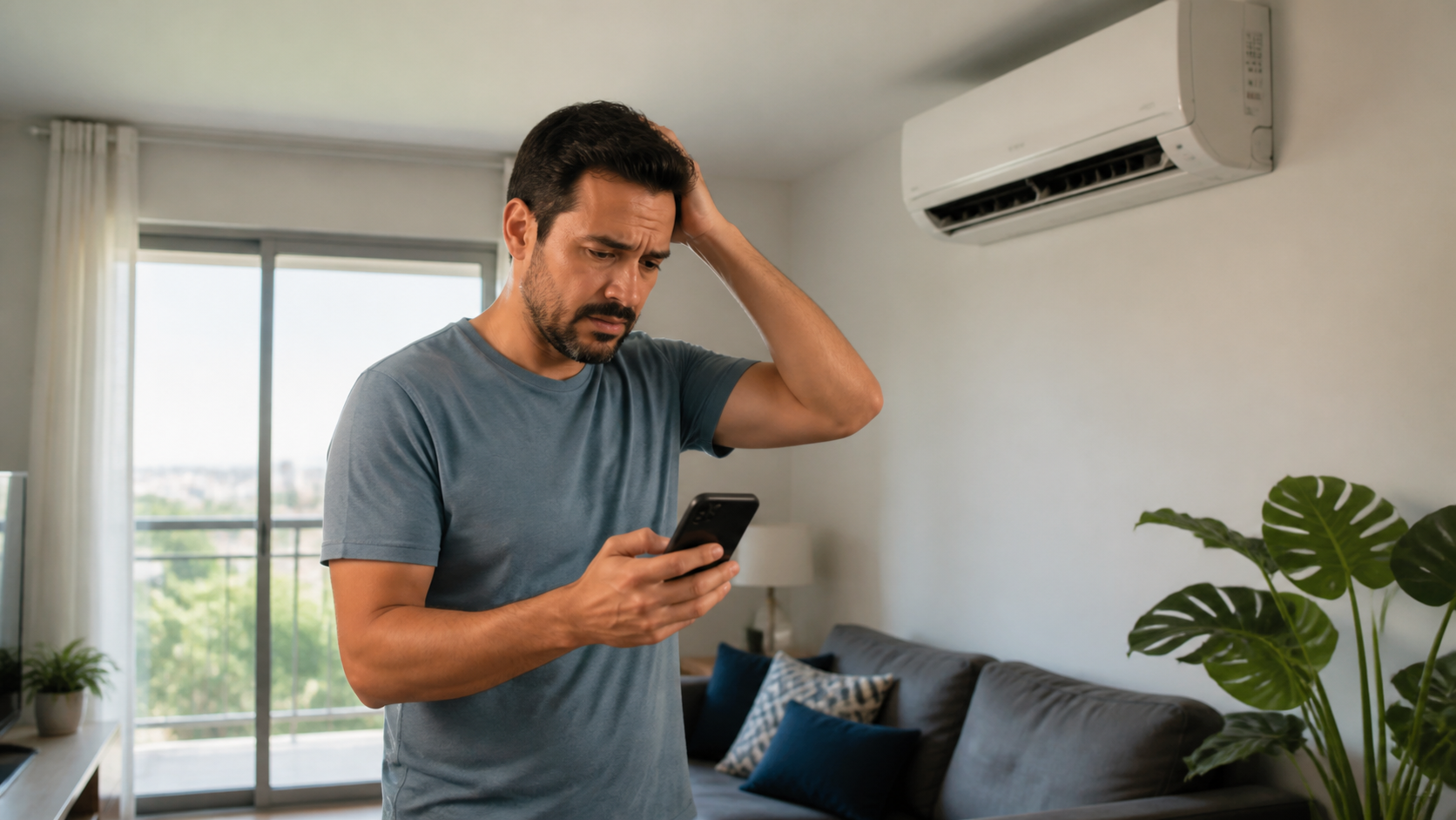 Pessoa procurando assistência técnica de ar-condicionado no celular