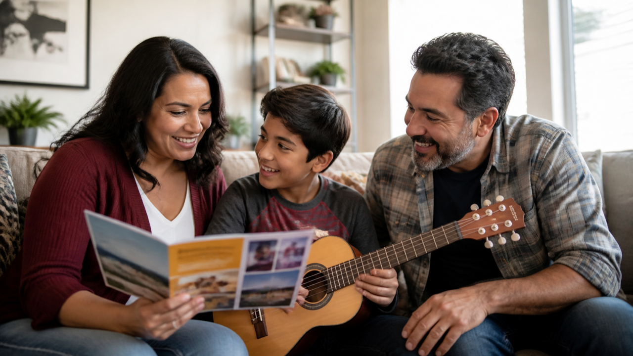 Família escolhendo aulas de música para iniciantes