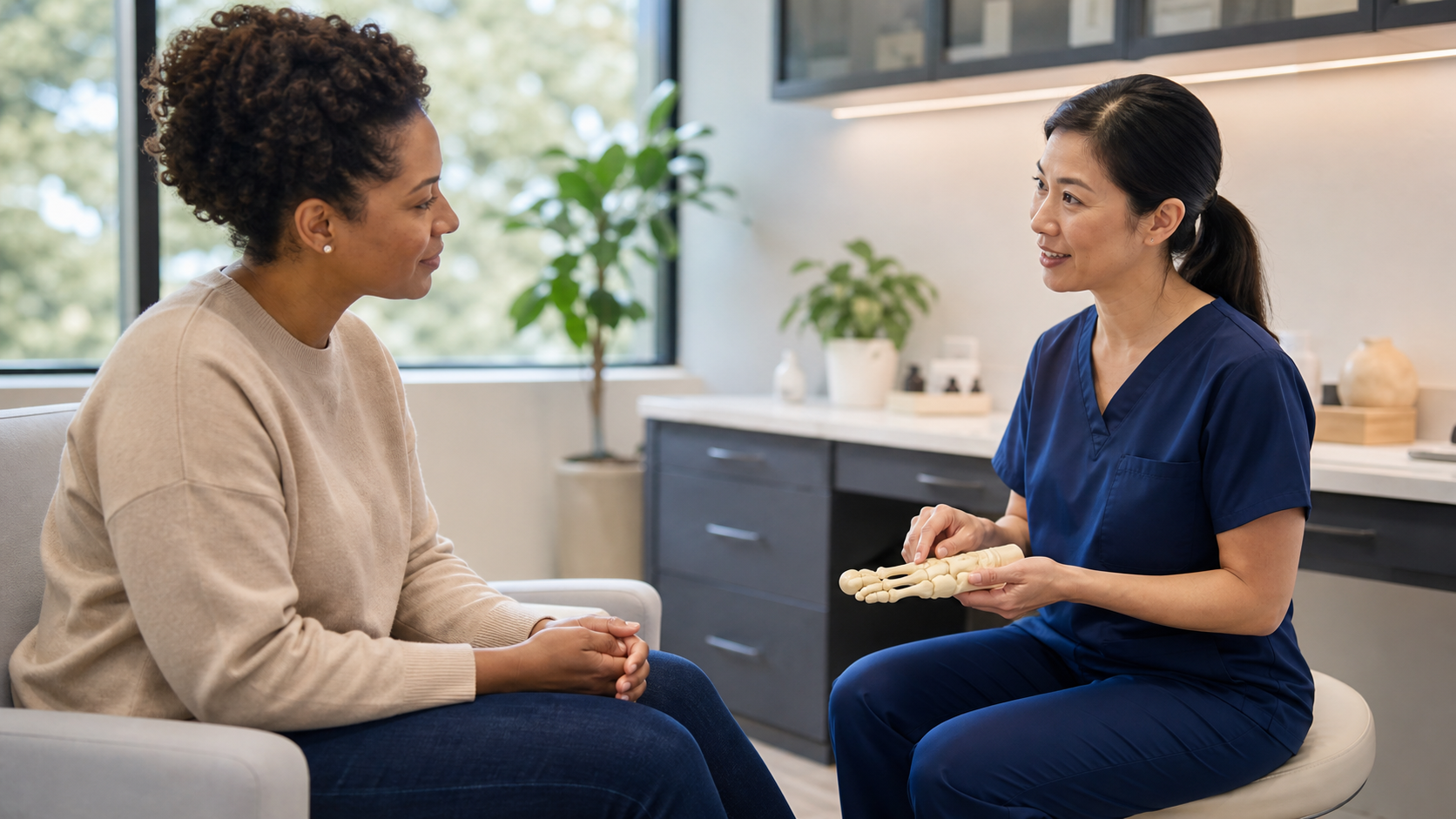 Profissional de podologia conversando com paciente