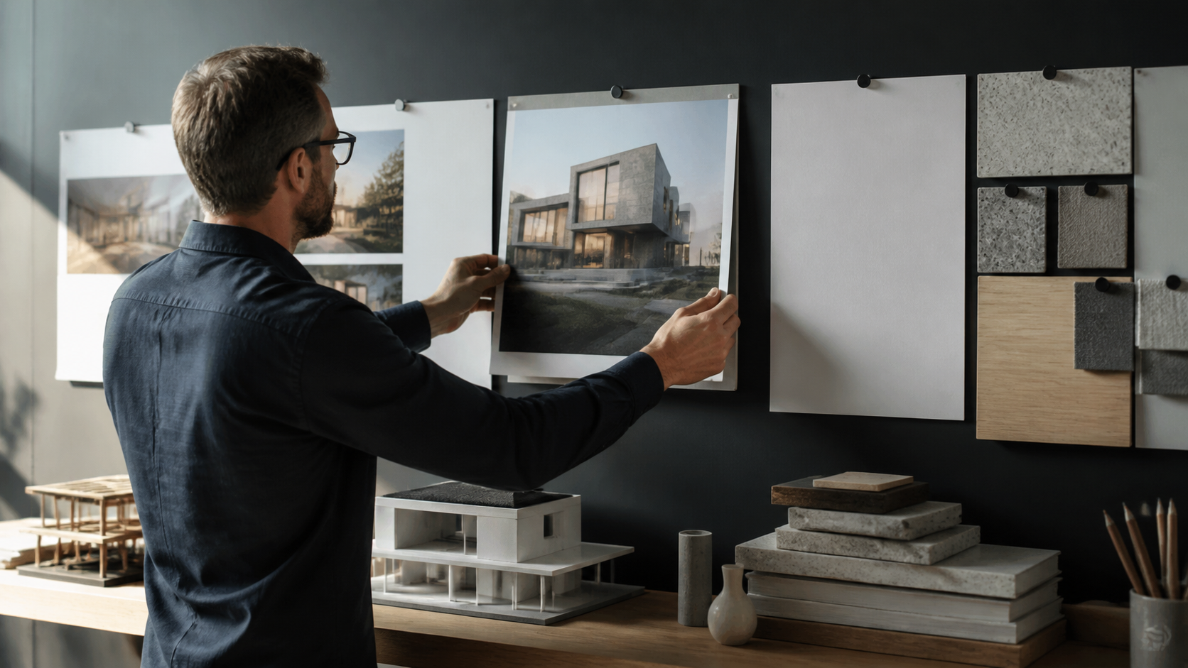 Arquiteto escolhendo um projeto em um painel de referências