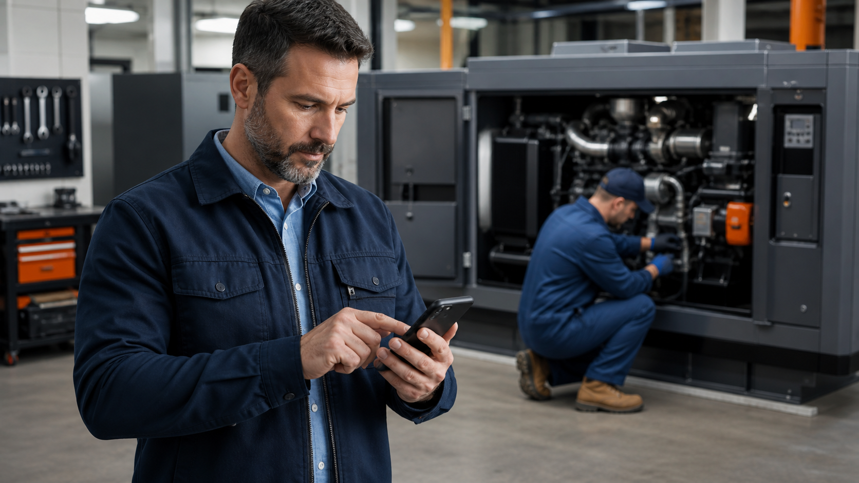 técnico recebendo chamado de atendimento para gerador
