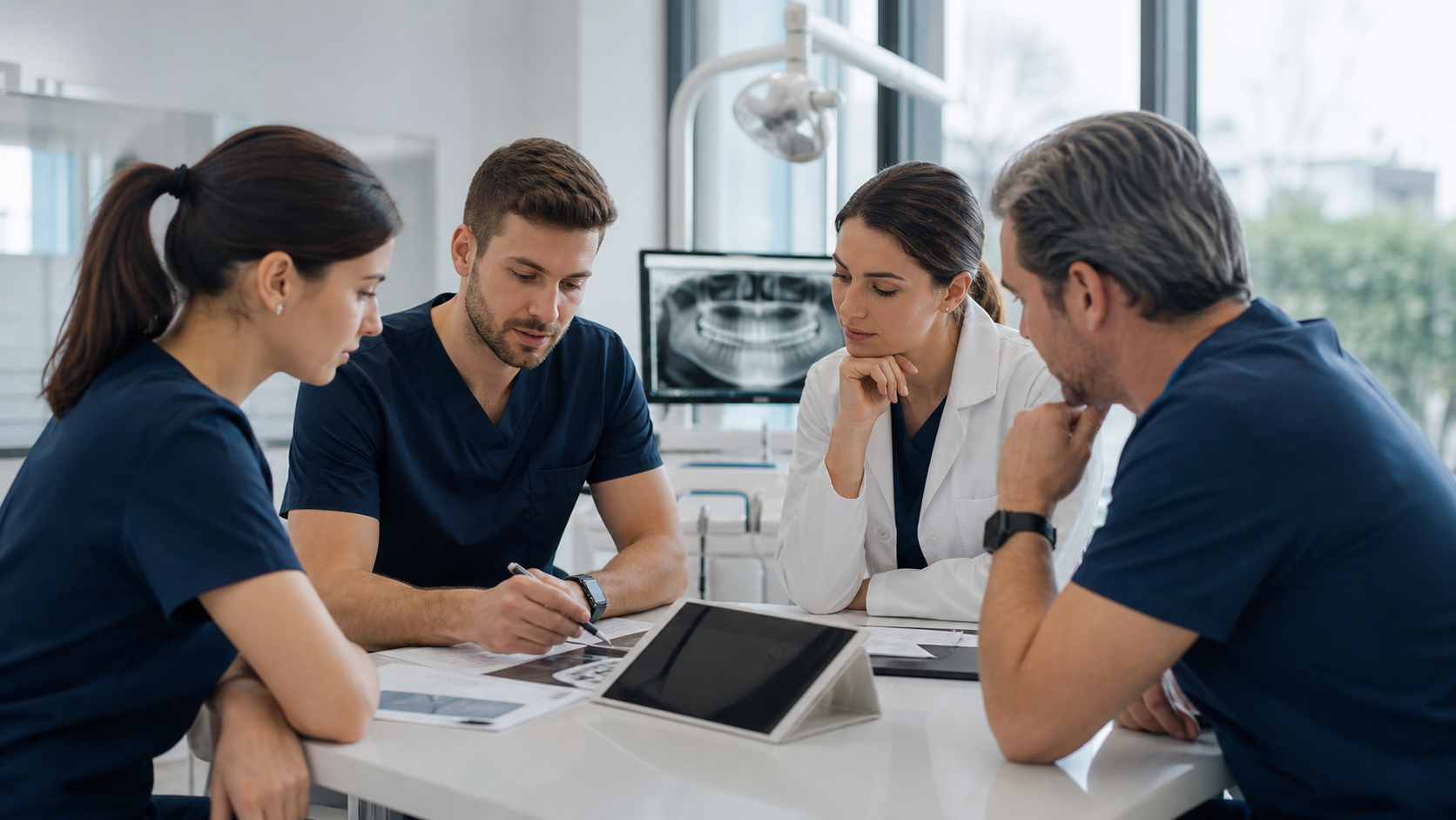Equipe de clínica odontológica analisando o atendimento ao paciente