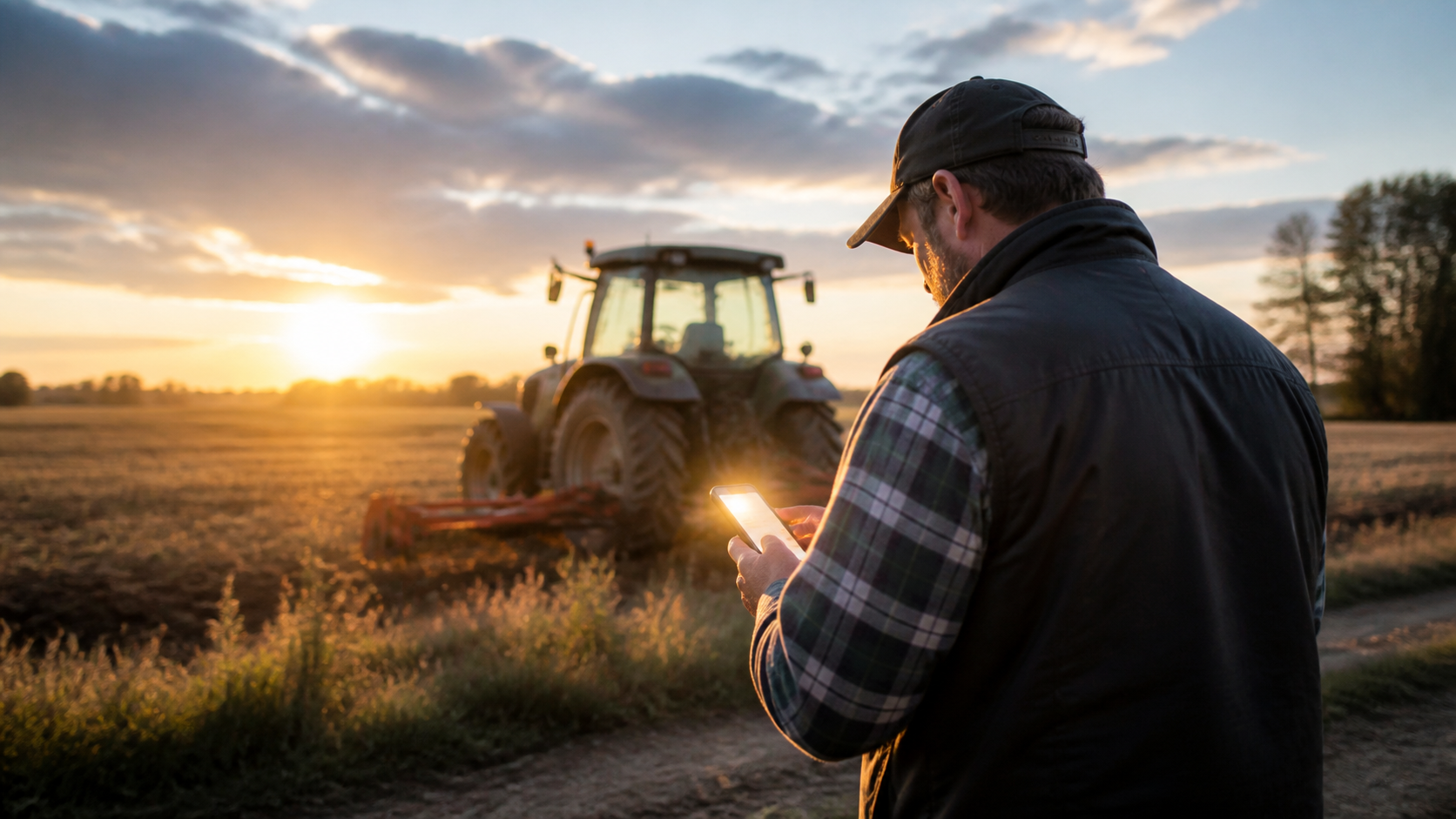 Produtor consulta o celular ao lado de um trator no campo