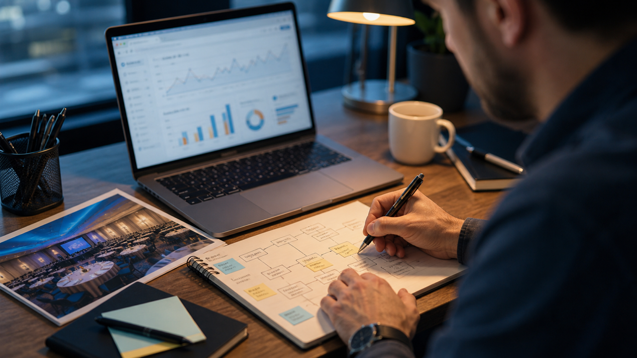 Profissional montando campanha de Google Ads para eventos