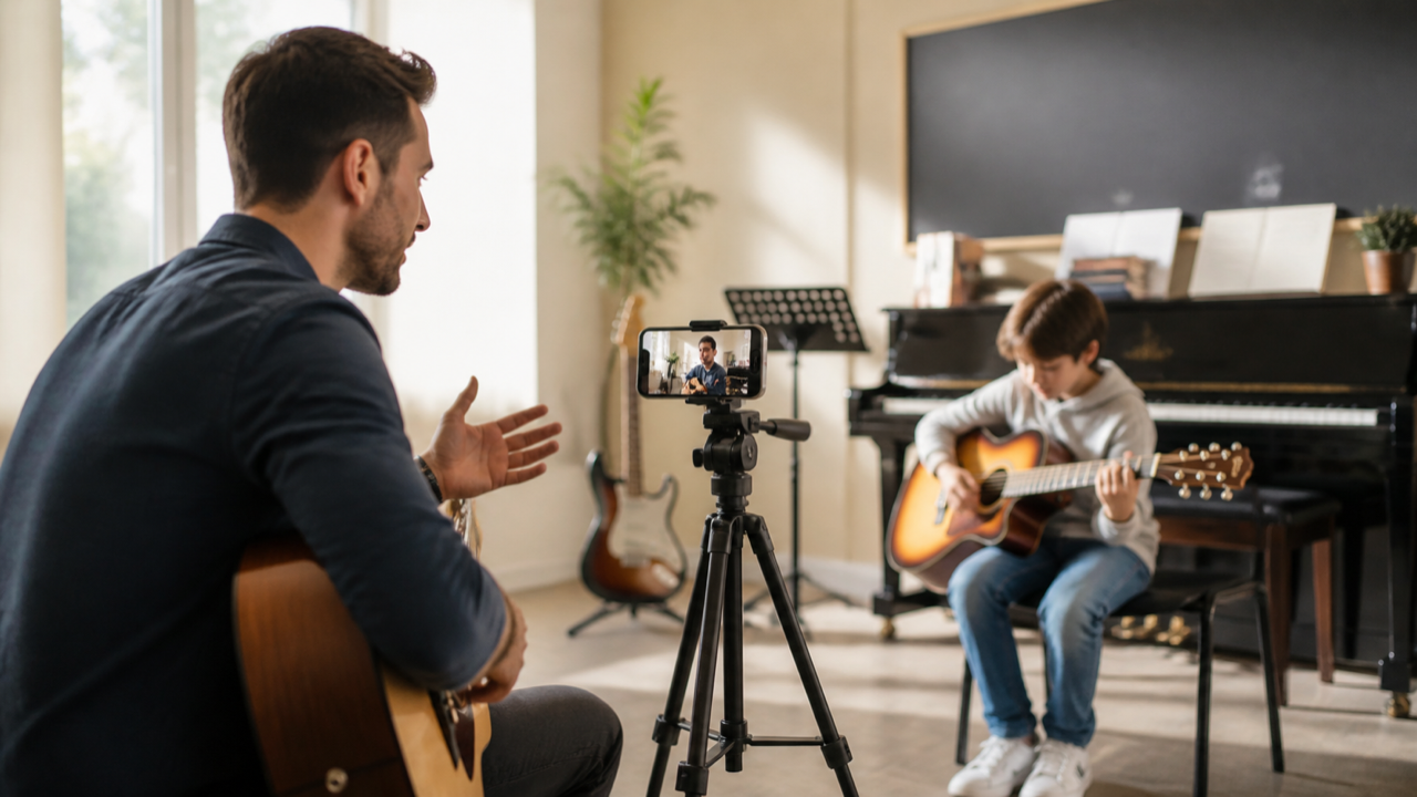 Professor gravando conteúdo de uma aula de música