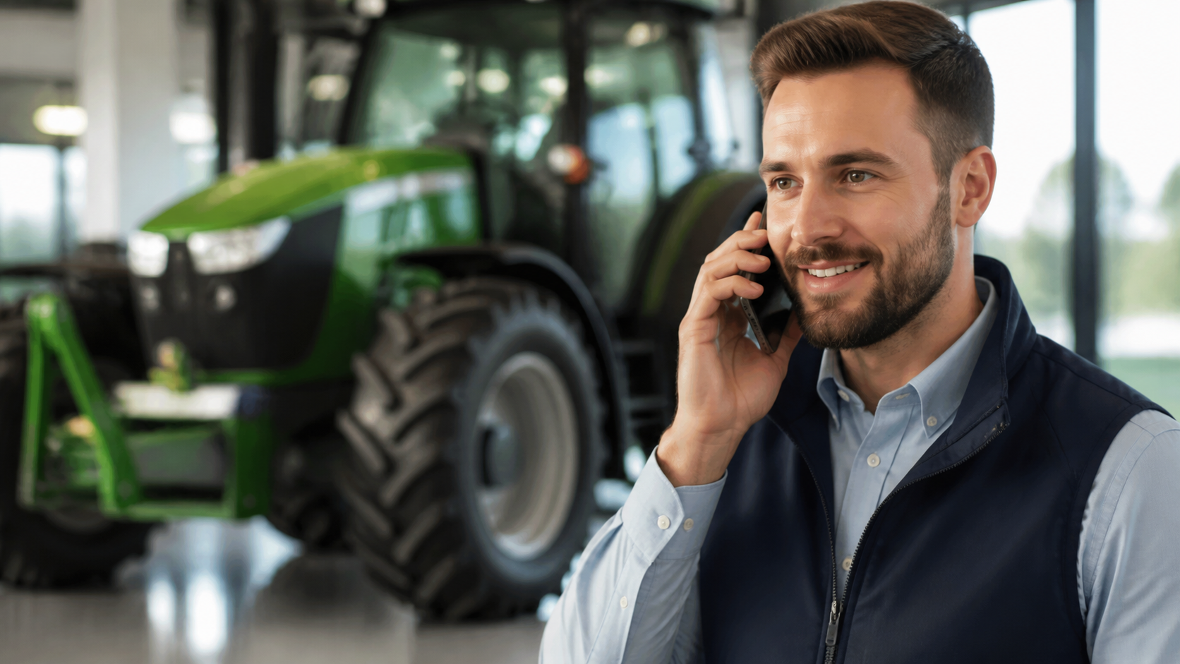 Vendedor atende uma ligação dentro de um showroom de máquinas agrícolas
