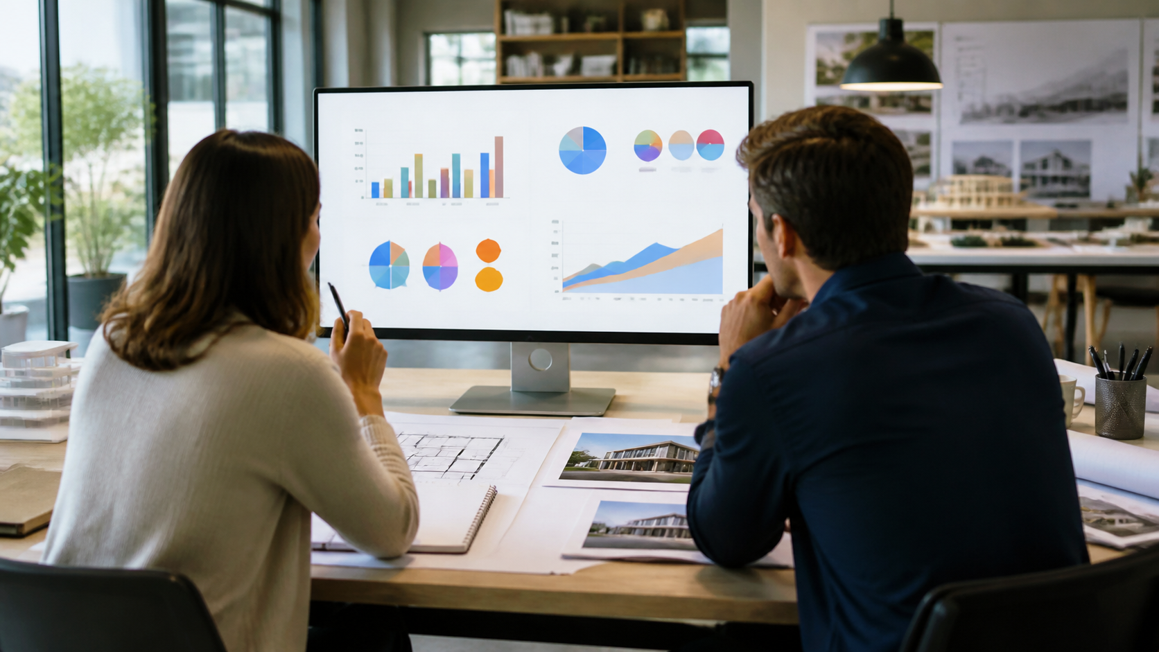Equipe analisando métricas de anúncios em um escritório