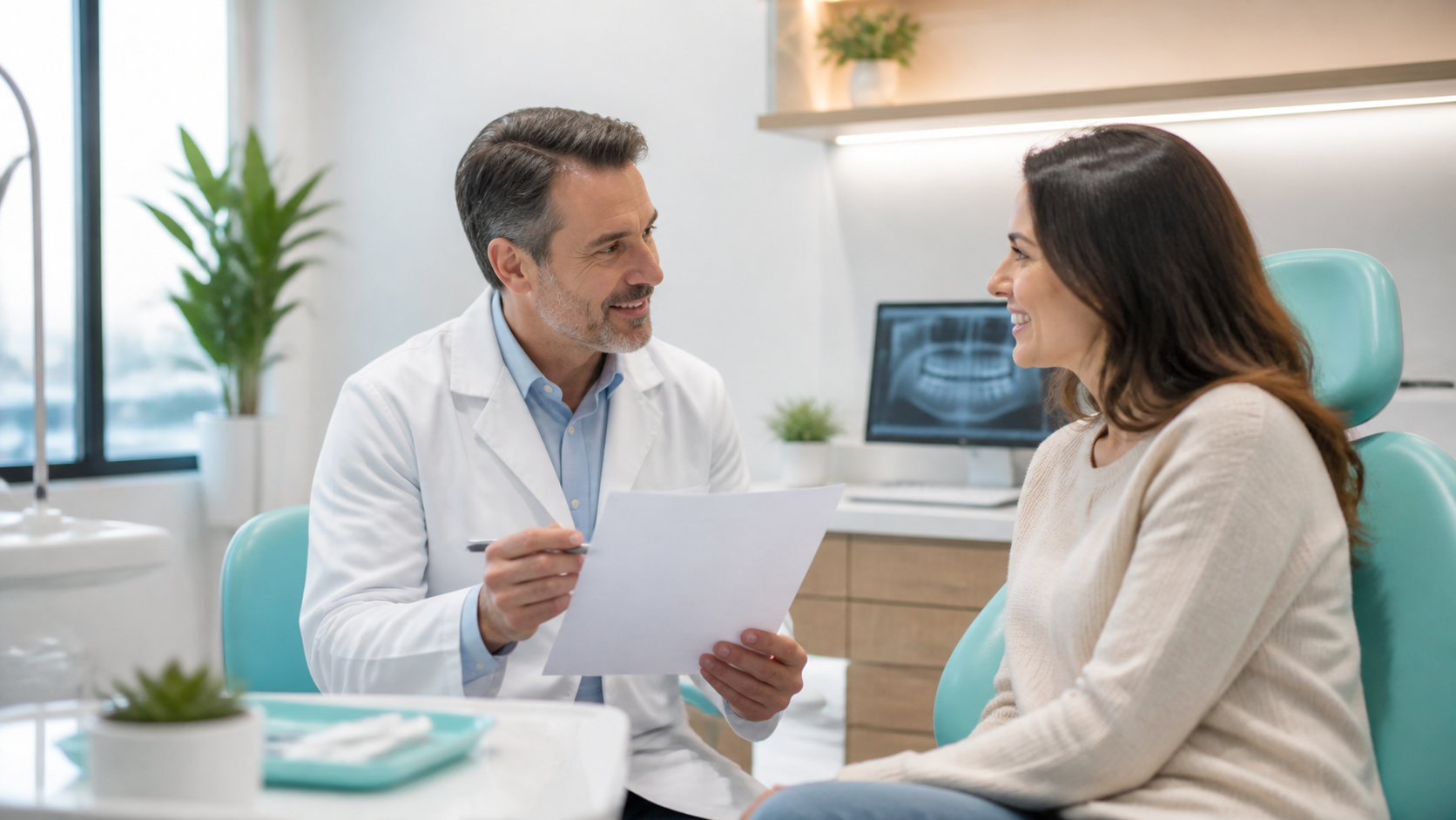 Dentista conversando com paciente em clínica odontológica