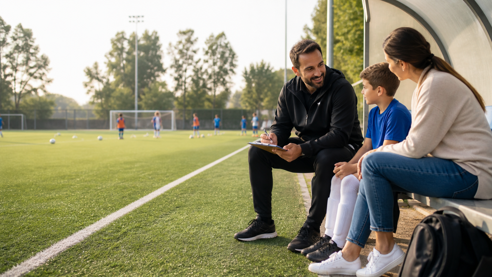Família conhecendo uma escola de futebol com orientação de um treinador
