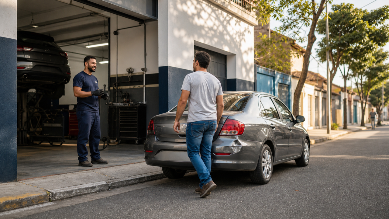 Oficina de funilaria com atendimento local e veículo em reparo