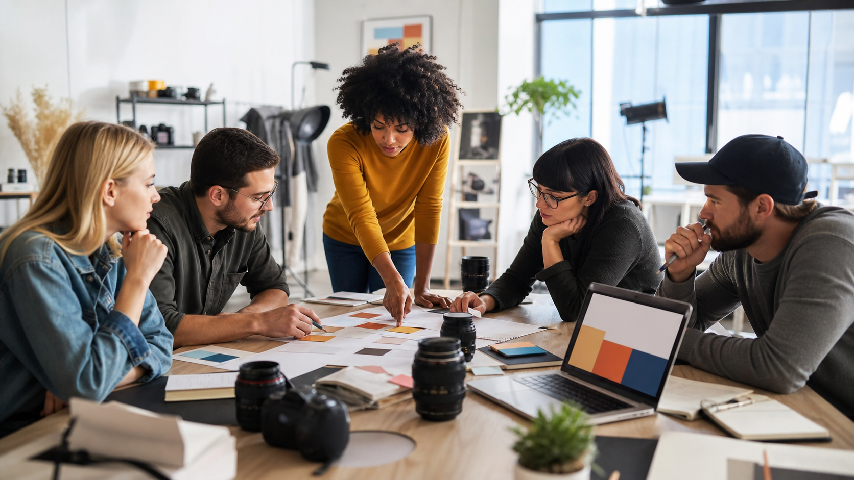 Equipe de produção planejando campanha de anúncios