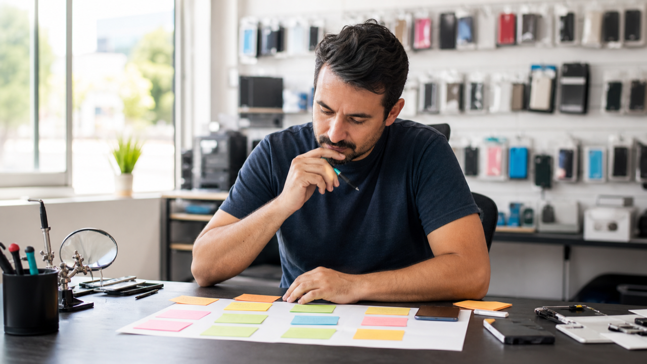 Dono de assistência técnica planejando o público local em uma mesa