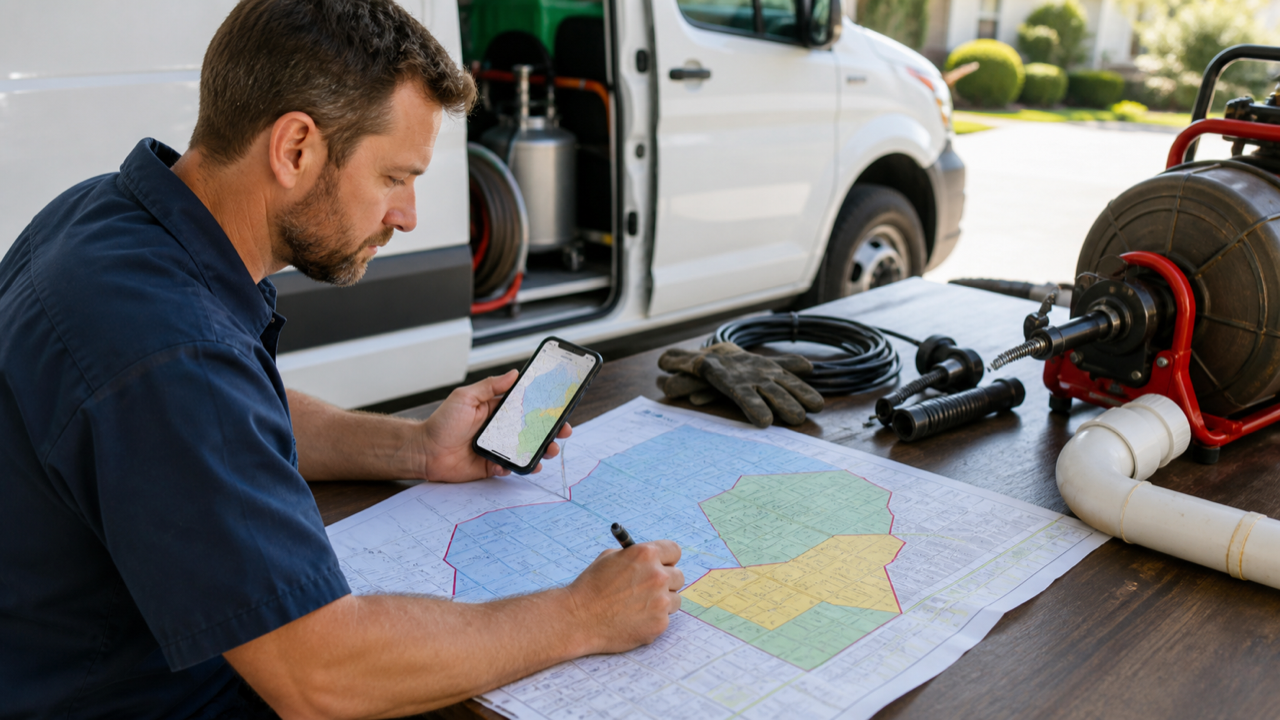 Profissional planejando áreas de atendimento em um mapa