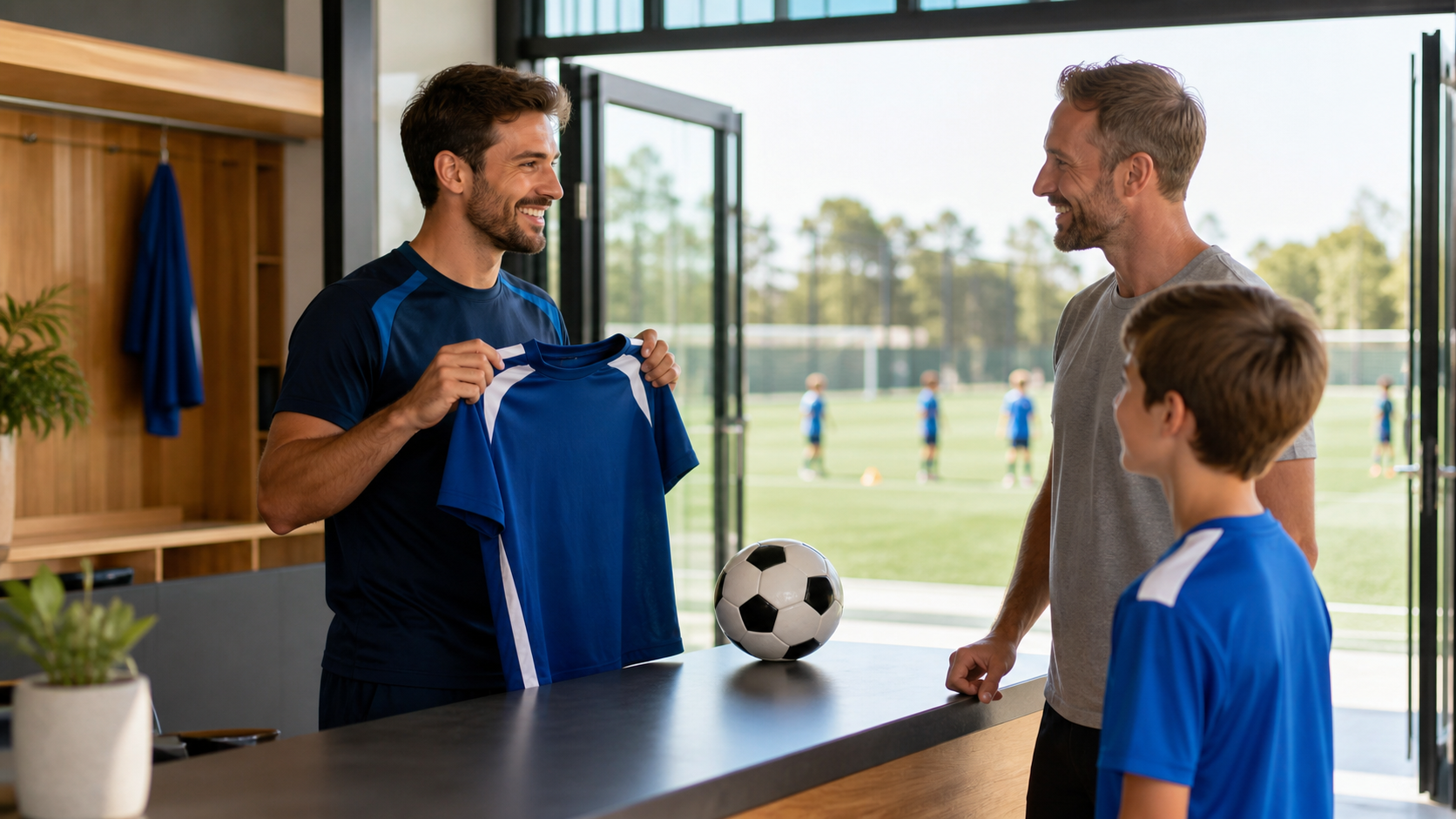 Coordenador apresentando uma proposta de treino a responsáveis e aluno