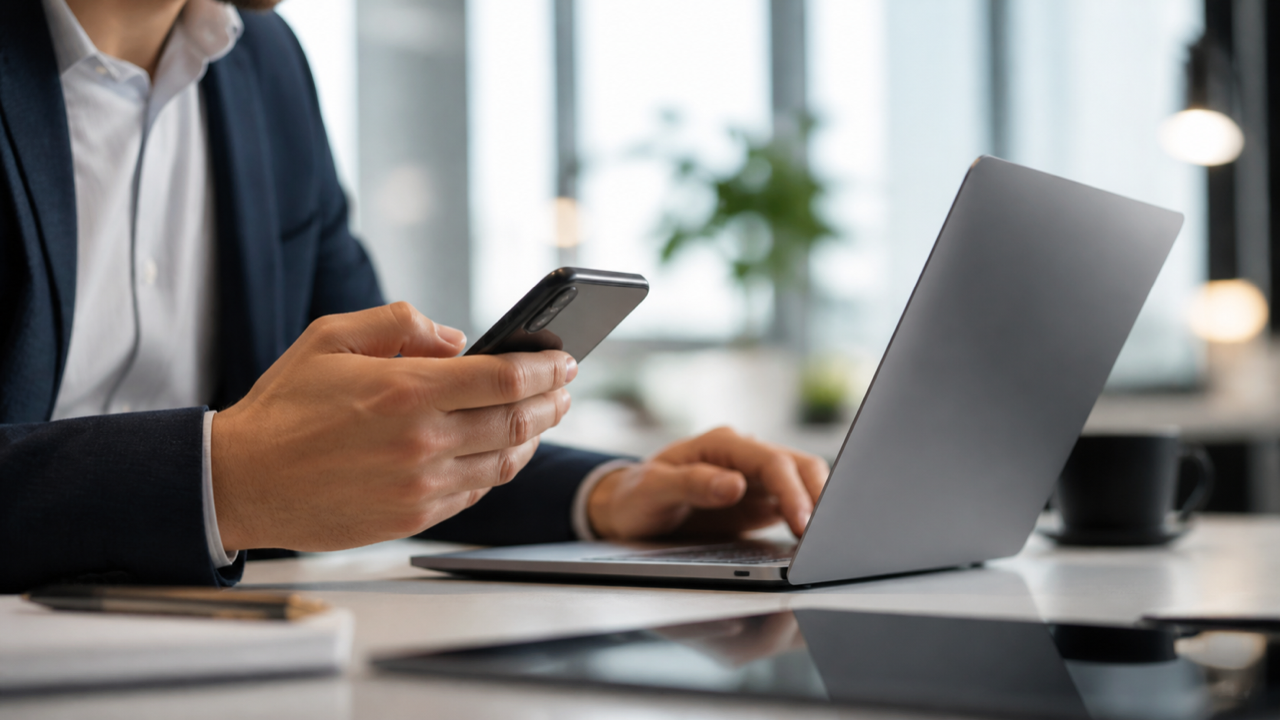 Pessoa pesquisando um serviço especializado no celular e no laptop