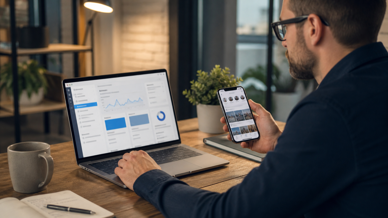 Empresário escolhendo canais de publicidade digital