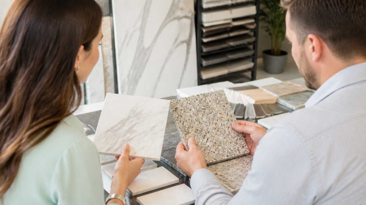 Escolha de materiais em showroom de marmoraria