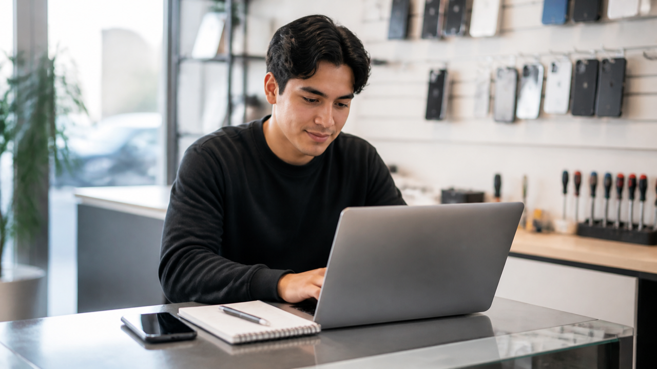 Empreendedor iniciante planejando uma campanha de anúncios em um notebook