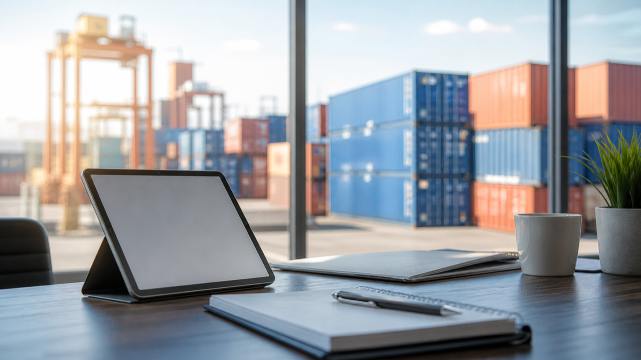 Tablet em escritório com pátio de containers ao fundo