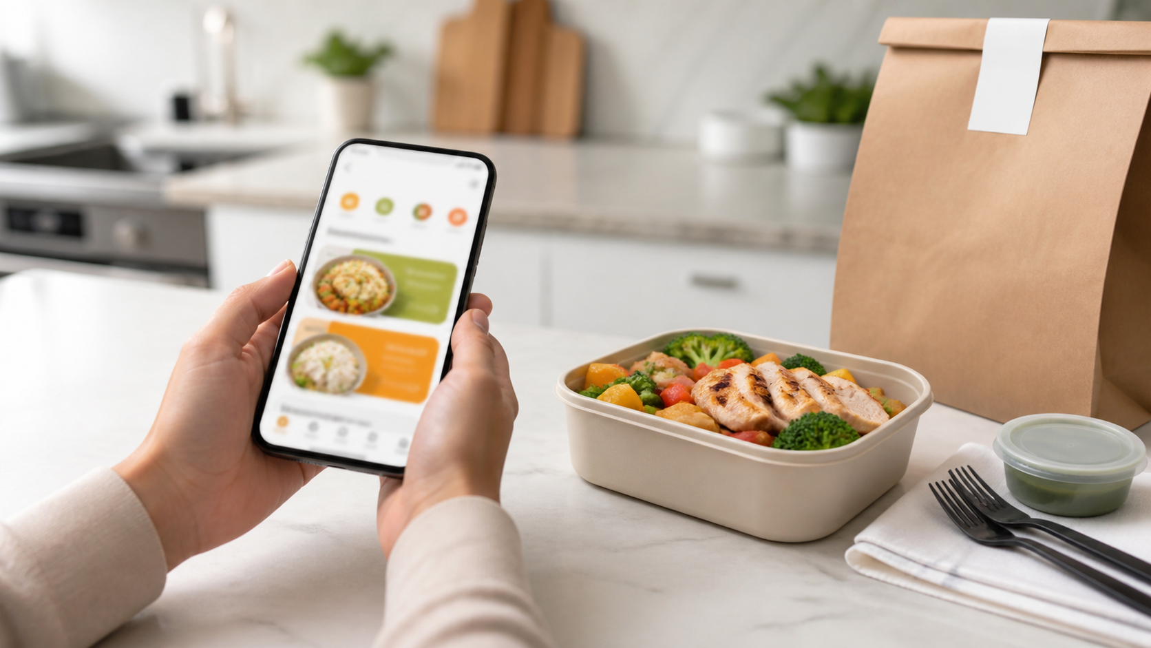 Celular e notebook ao lado de refeições prontas para entrega corporativa
