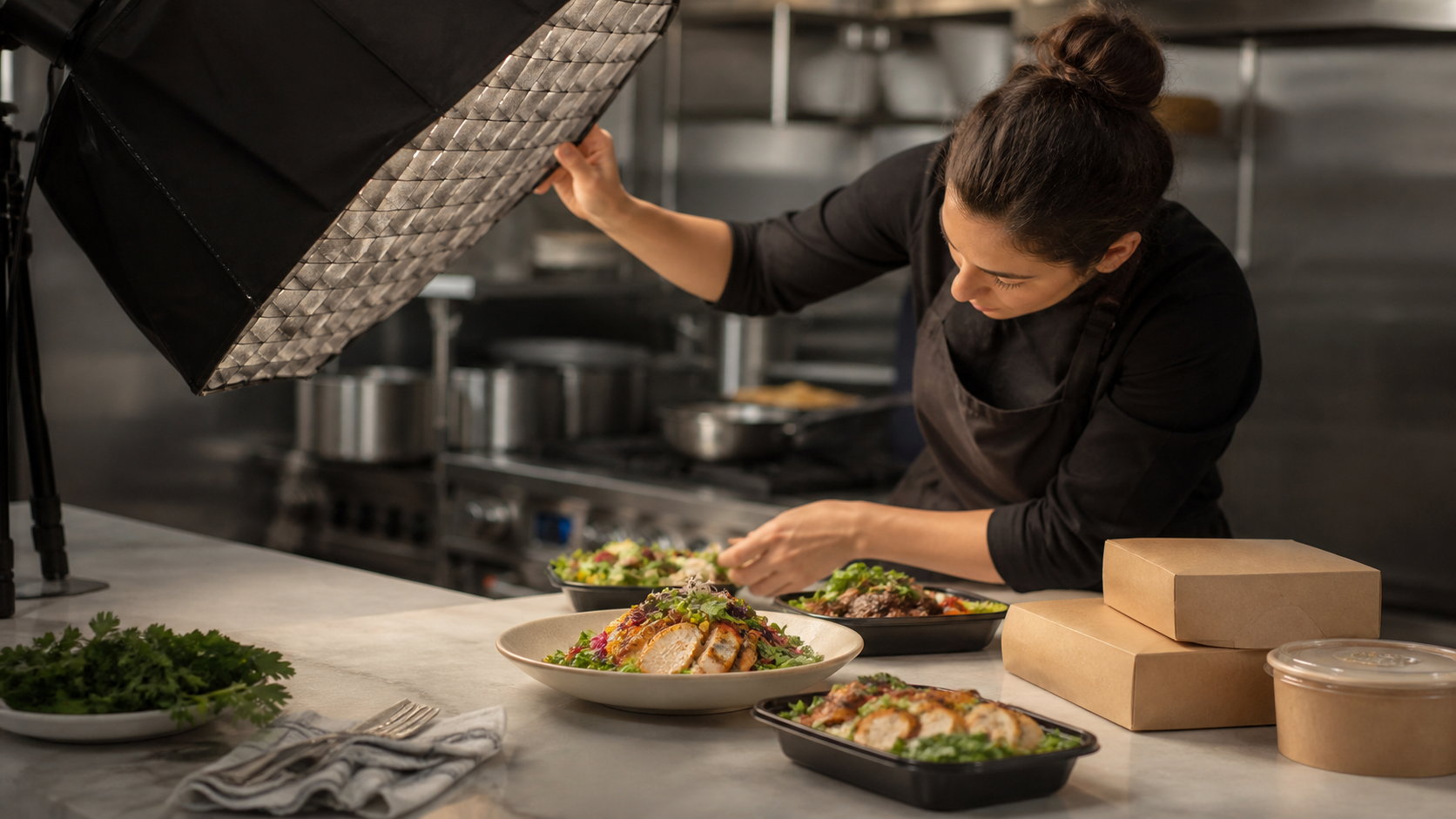 Produção de fotos profissionais de refeições em cozinha industrial