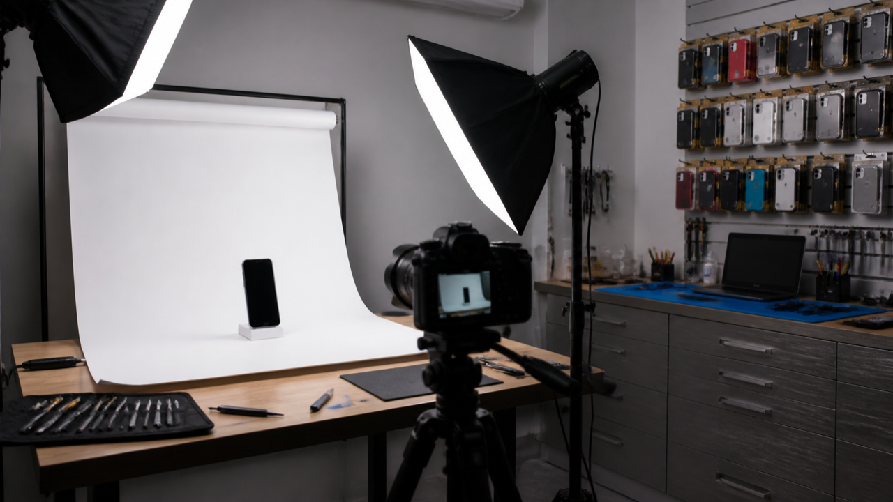 Técnico fotografando um celular quebrado para um anúncio local