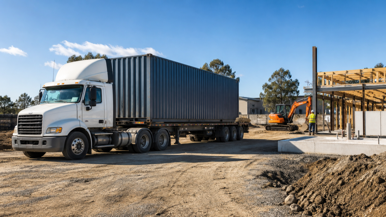 Caminhão entregando container em canteiro de obras