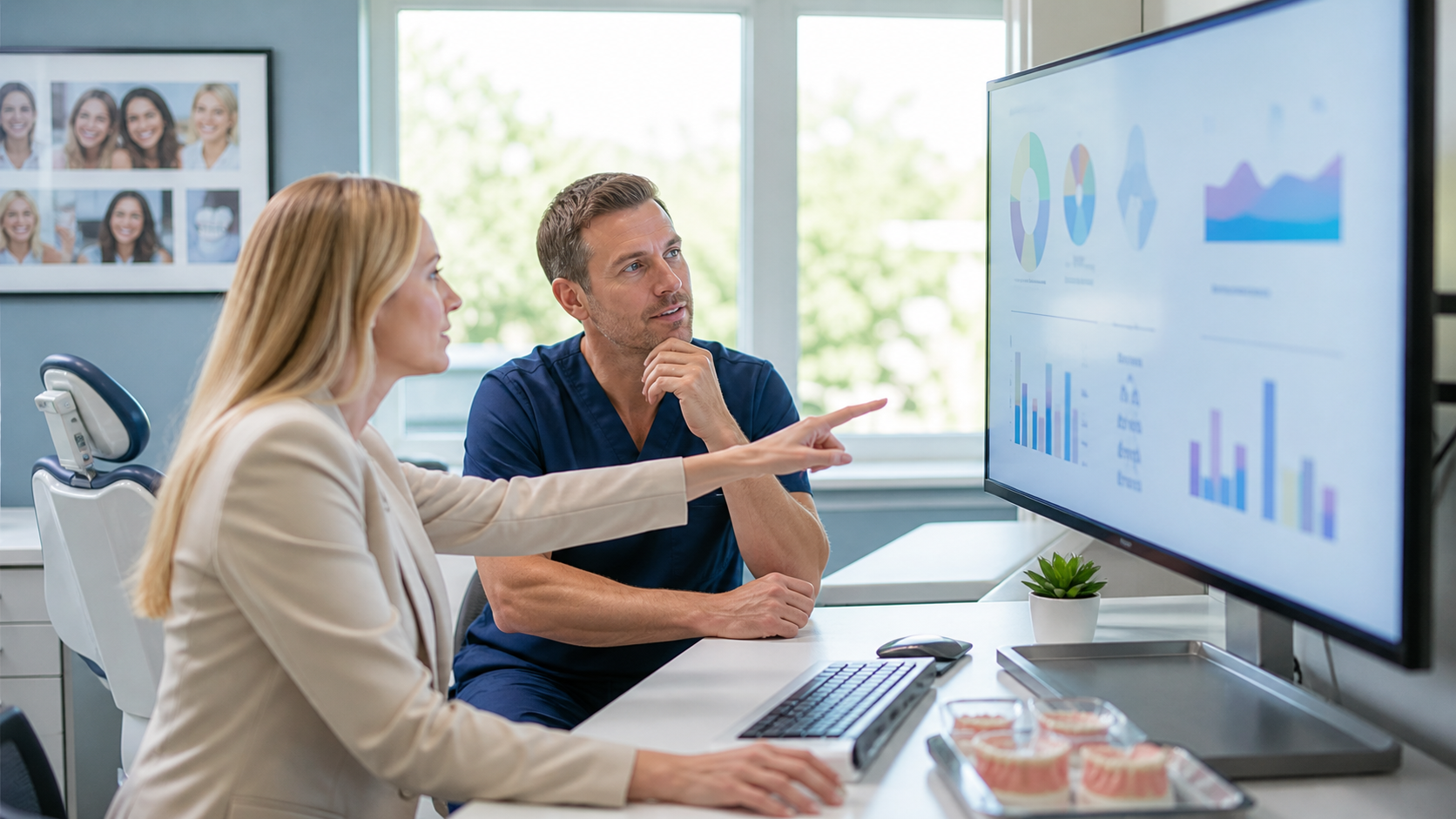 Equipe analisando métricas de campanha para clínica de ortodontia