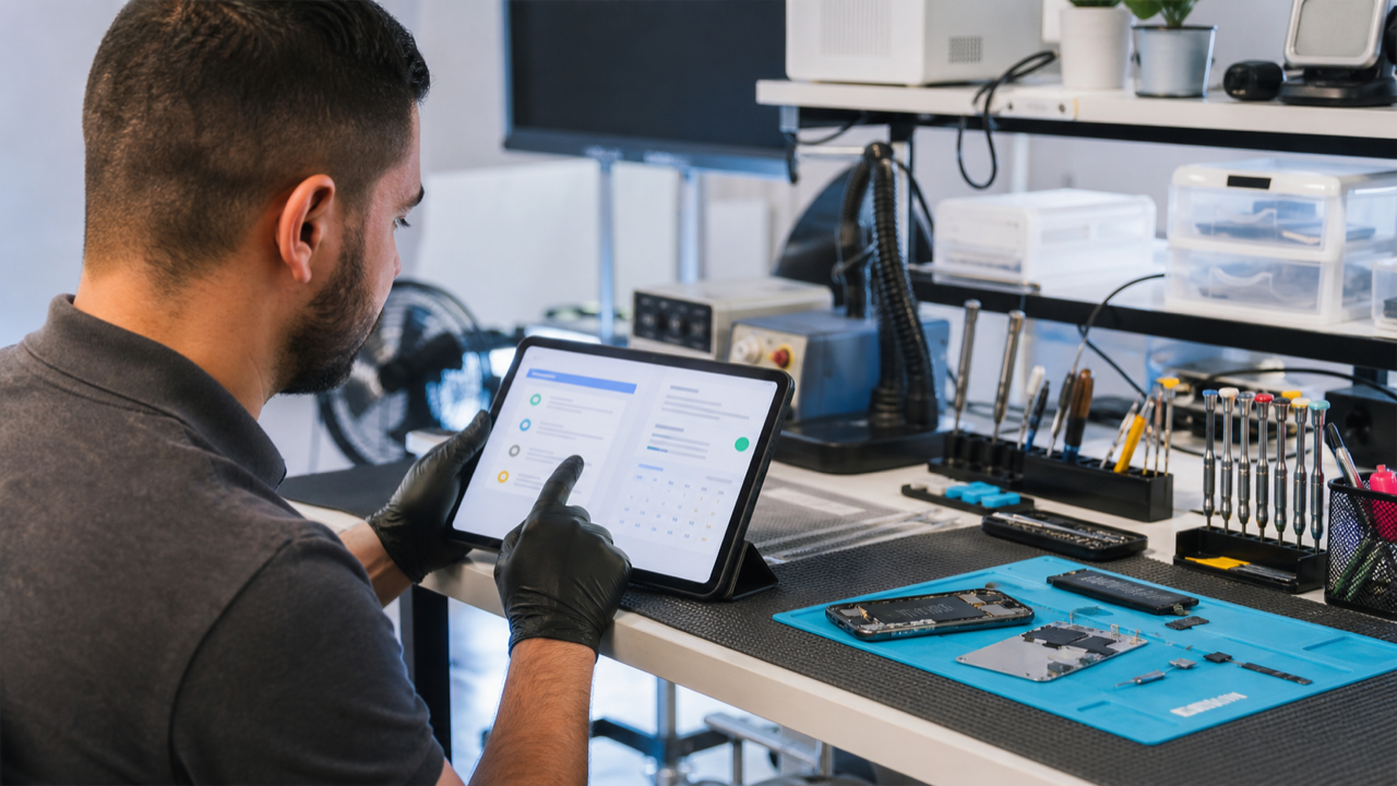 Técnico conferindo contatos e agendamentos em um tablet