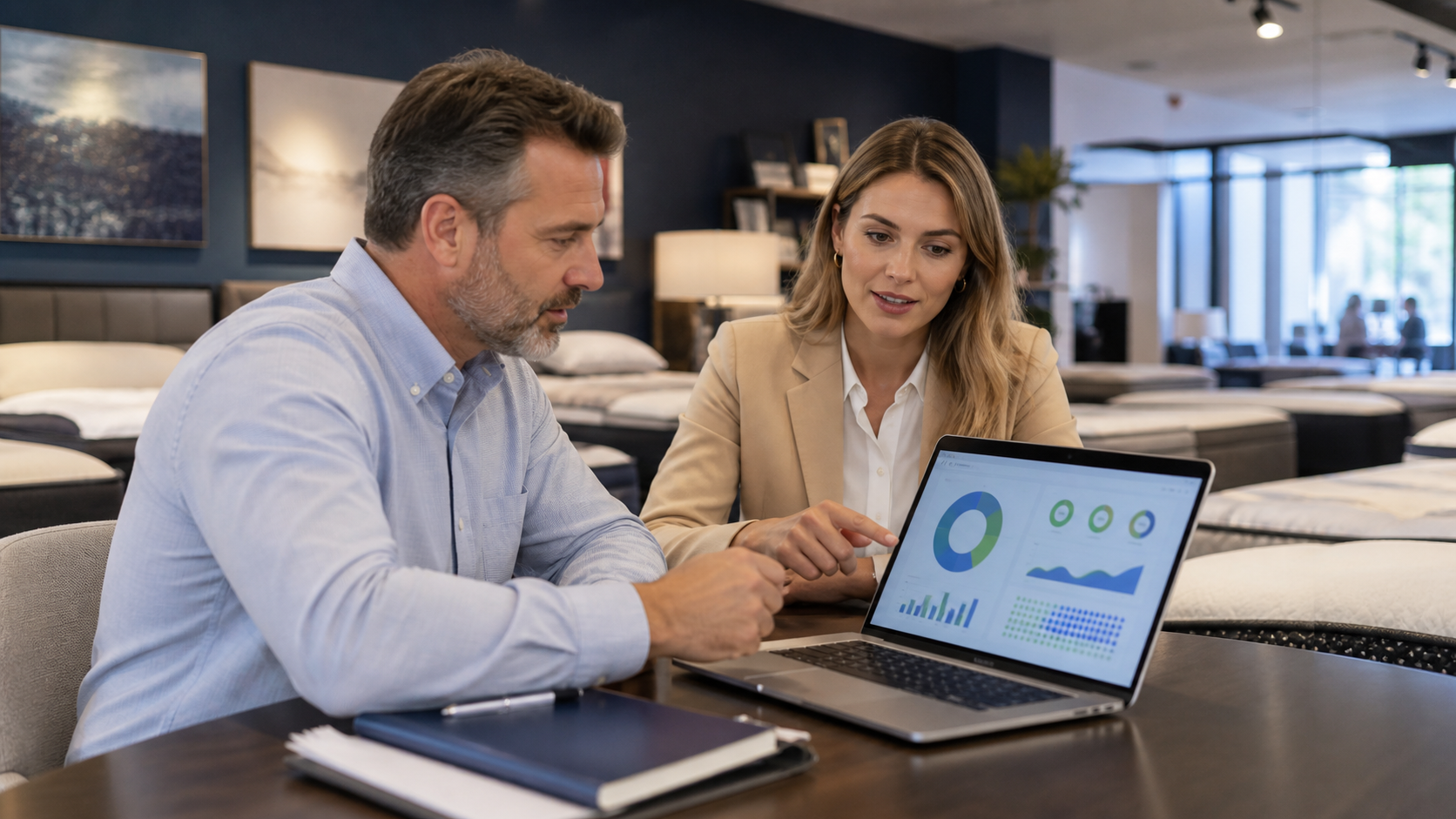 Equipe analisando resultados de campanhas de uma loja de colchões