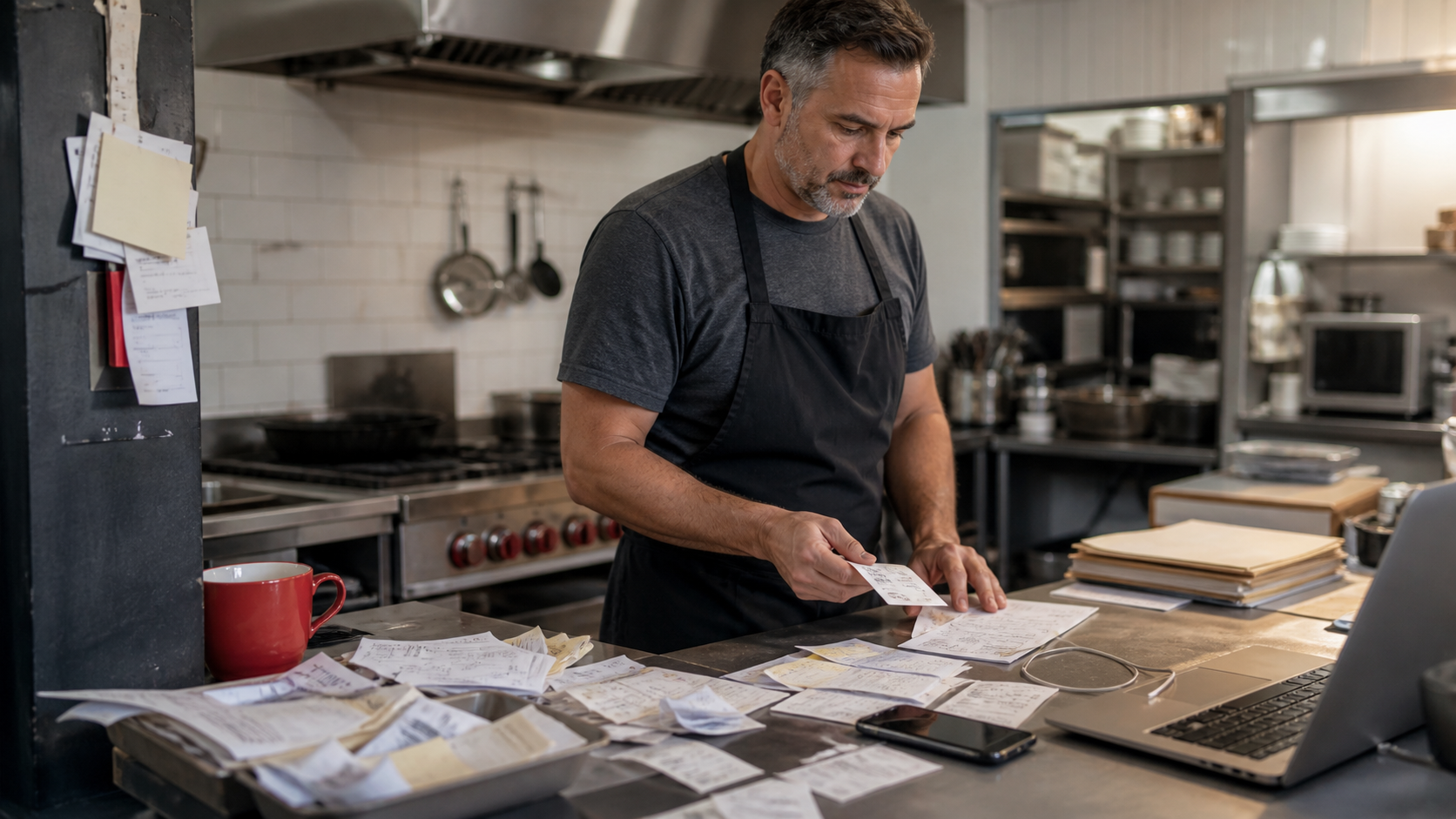 Empreendedor reorganizando o planejamento de marketing da cozinha