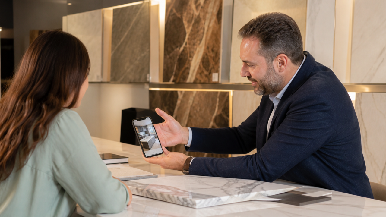 Atendimento a cliente em showroom de marmoraria