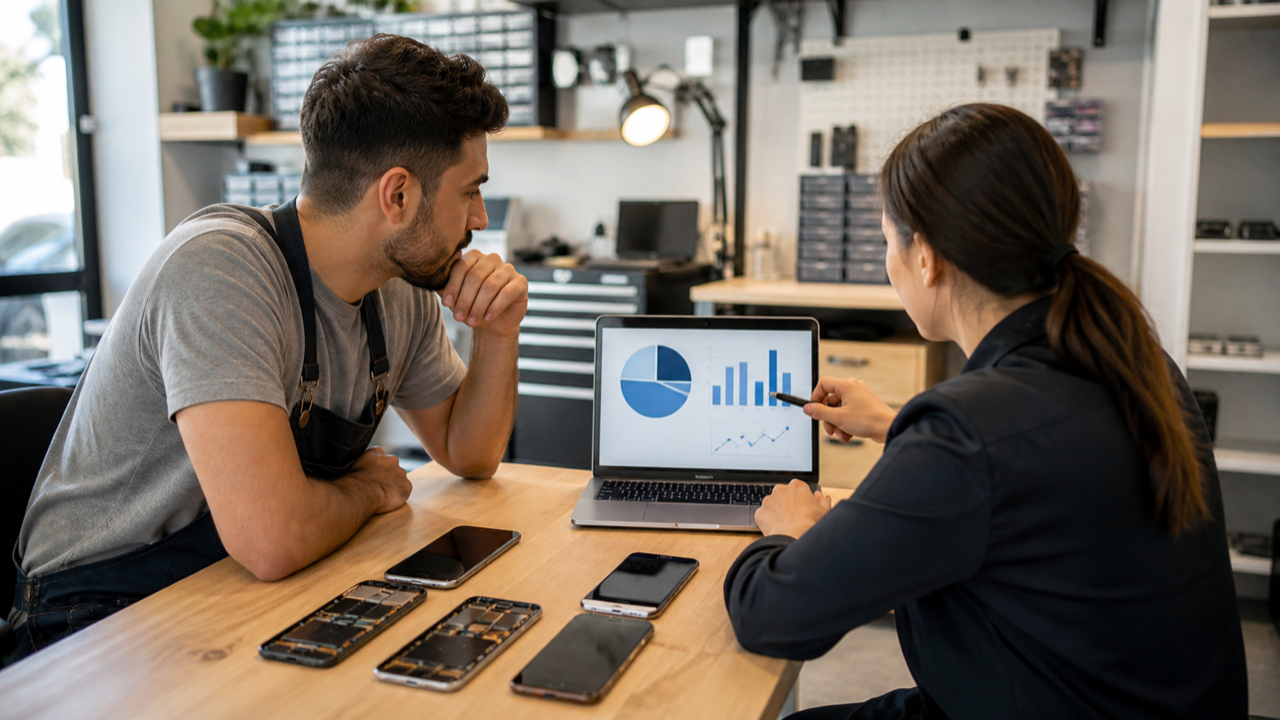 Equipe de assistência técnica analisando resultados de campanha