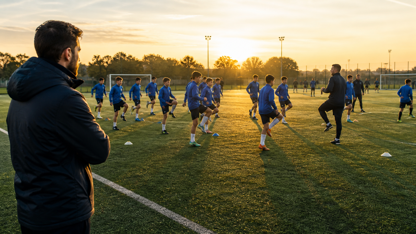 Equipe colaborando para melhorar a captação de alunos em uma escola de futebol
