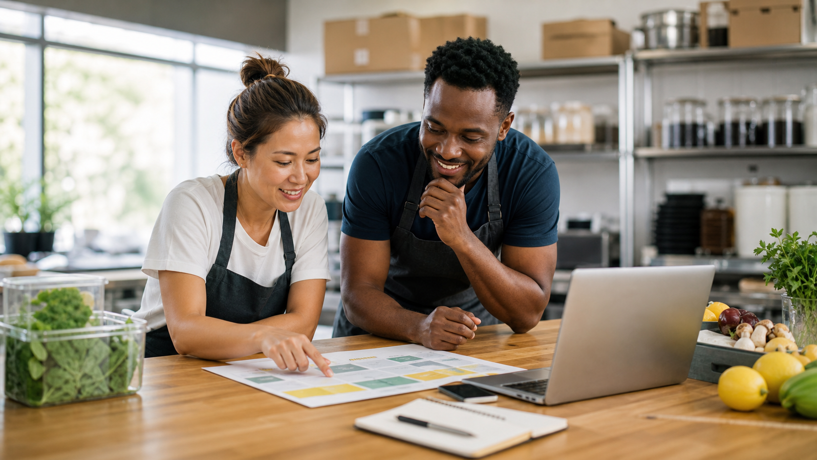 Sócios de cozinha industrial revisando o plano de ação comercial