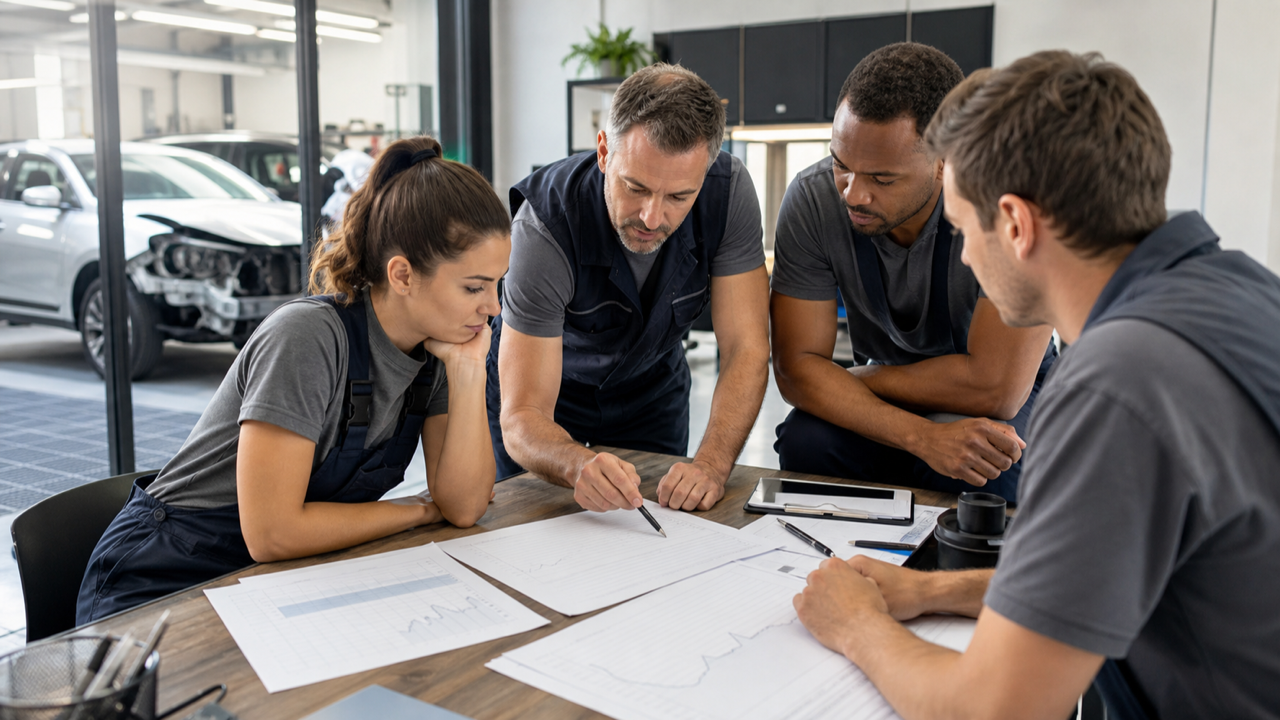 Equipe analisando resultados e planejando melhorias para a oficina