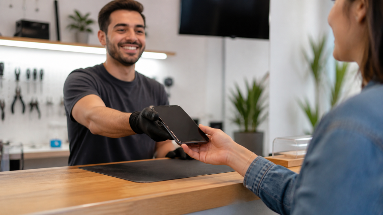 Cliente recebendo o celular reparado em uma assistência técnica