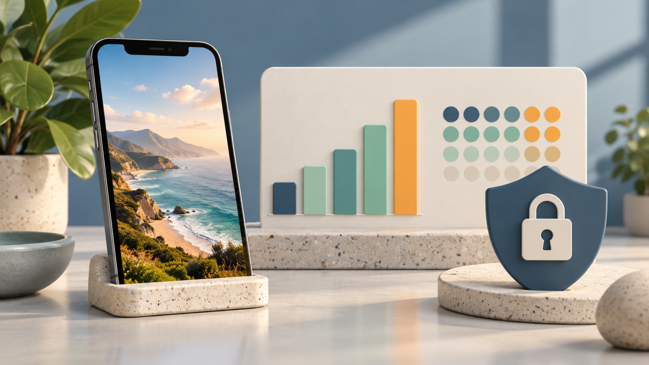 Celular com anúncio visual e elementos de mensuração e privacidade