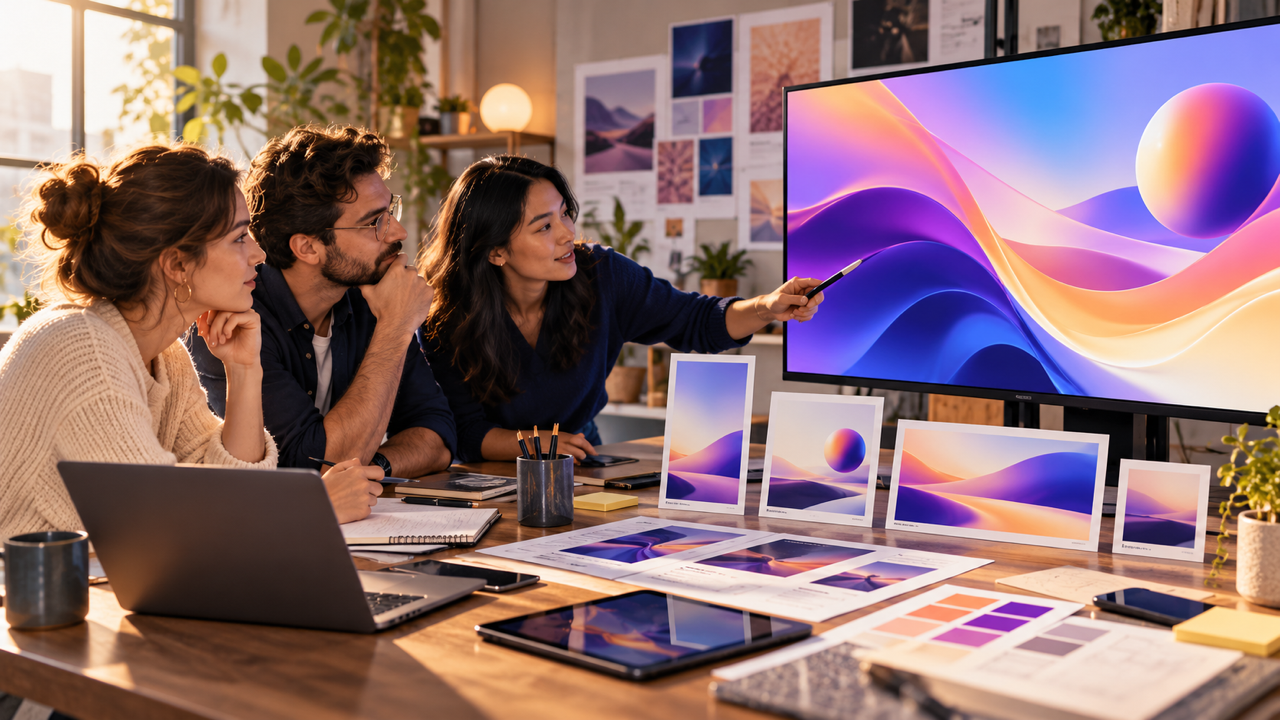 Equipe de marketing planejando anúncios visuais em uma tela